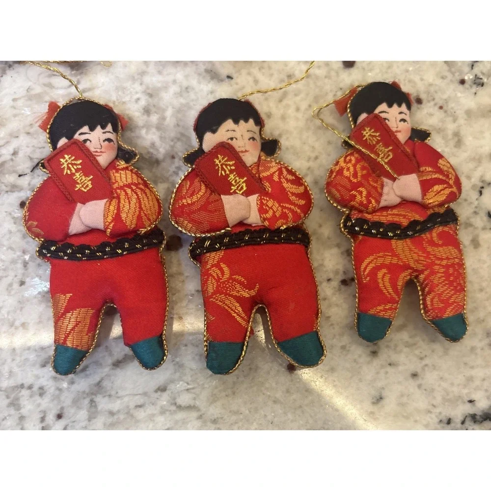 6 Silk Embellished Christmas‎ Ornaments Asian Children Chinese Lunar New Year